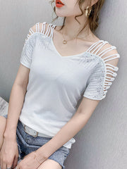 Hollow Rhine Stones Solid Color Split-Joint Loose Raglan Sleeve V-Neck T-Shirts Tops