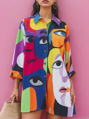 Abstract Printed Asymmetric Split-Joint Long Sleeves Loose Lapel Shirt Dress Mini Dresses