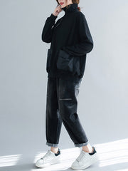 Artistic Retro Loose Zipper High-Neck Long Sleeves Sweatshirt Top