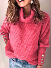 Buttoned Solid Color Split-Joint Long Sleeves Loose High Neck Sweater Tops Pullovers