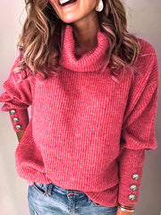 Buttoned Solid Color Split-Joint Long Sleeves Loose High Neck Sweater Tops Pullovers