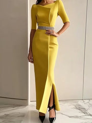 No Belt Solid Color Split-Joint Split-side Bodycon Half Sleeves Square-neck Maxi Dresses