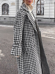 Houndstooth Split-back Split-Joint Tied Waist Long Sleeves Loose Lapel Trench Coats