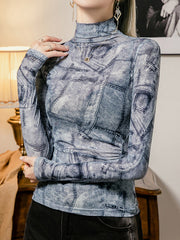 Printed Long Sleeves Plus Size High Neck T-Shirts Tops