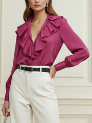Ruffle Trim Solid Color Long Sleeves Loose V-Neck Blouses&Shirts Tops