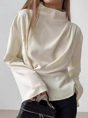 Pleated Solid Color Zipper Flared Sleeves Long Sleeves Stand Collar Blouses&Shirts Tops