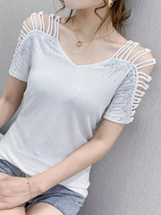 Hollow Rhine Stones Solid Color Split-Joint Loose Raglan Sleeve V-Neck T-Shirts Tops