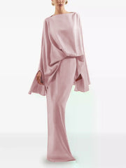 Solid Color Split-Joint Batwing Sleeves Loose Round-Neck Maxi Dresses Evening Dresses