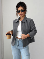Solid Color Zipper Long Sleeves Loose Lapel Outerwear