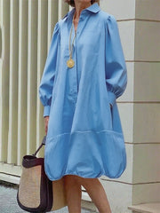Buttoned Pleated Pockets Solid Color Long Sleeves Loose Lapel Midi Dresses