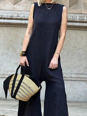 Solid Color Loose Sleeveless Round-Neck Jumpsuits