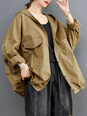Buttoned Pleated Pockets Solid Color Long Sleeves Loose Hooded Trench Coats Outerwear