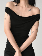 Backless Solid Color Split-Joint Tied Skinny Sleeveless Off-The-Shoulder T-Shirts Tops