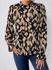 Elasticity Hollow Leopard Flared Sleeves Long Sleeves Mock Neck Blouses&Shirts Tops