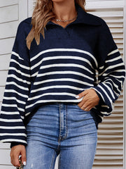 Casual Long Sleeves Loose Striped Lapel Collar Sweater Tops