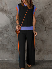 Contrast Color Split-Joint Loose Raglan Sleeve Round-Neck T-shirt Top + Elasticity Pockets Pants Bottom Two Pieces Set