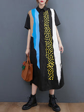 Artistic Retro Short Sleeves Loose Contrast Color Polka-Dot Lapel Collar Midi Shirt Dress