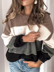 Contrast Color Split-Joint Striped Long Sleeves Loose Round-Neck Sweater Tops Pullovers