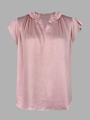 Pleated Solid Color Loose Ruffle Sleeves V-Neck T-Shirts Tops