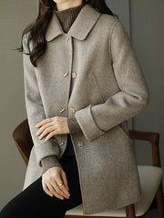 Buttoned Pockets Solid Color Long Sleeves Loose Lapel Woolen Coat