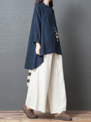Linen Solid Color Round-Neck Puff Sleeve Blouse Tops