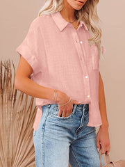 Pleated Loose Short Sleeves Lapel Blouses&Shirts Tops
