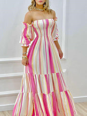 Contrast Color Pleated Split-Joint A-Line High Waisted Off-The-Shoulder Maxi Dresses