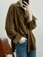 Casual Long Sleeves Loose Buttoned Solid Color Lapel Collar Blouses&Shirts Tops