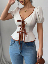 Elasticity Pleated Tied Loose Puff Sleeves V-Neck Blouses&Shirts Tops
