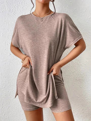 Solid Color Split-Joint Split-side Loose Raglan Sleeve Round-neck Pajama Sets