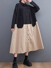 Original Loose Long Sleeves Buttoned Contrast Color Lapel Collar Midi Dresses