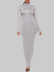 Solid Color Bodycon Long Sleeves High Neck Maxi Dresses