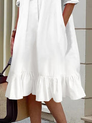 Pleated Ruffled Solid Color Split-Joint Long Sleeves Loose Lapel Shirt Dress Midi Dresses