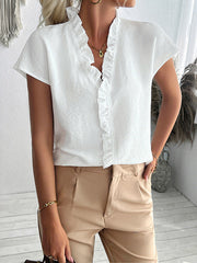 Ruffle Trim Solid Color Loose Short Sleeves V-Neck Blouses&Shirts Tops