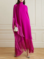 Solid Color Split-Joint Tasseled Batwing Sleeves Loose High Neck Maxi Dresses Evening Dresses