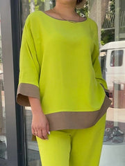 Loose Split-Side Three-Quarter Sleeves Contrast Color Round-Neck Shirts Top + Pants Bottom Two Pieces Set