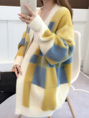 Casual Long Sleeves Loose Buttoned Contrast Color Plaid Deep V-Neck Sweater Tops Cardigan Coats
