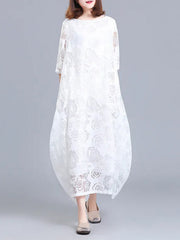 Flower Print See-Through Solid Color A-Line Half Sleeves Round-Neck Midi Dresses