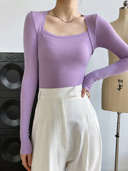 Simple Solid Color Square-Neck Long Sleeves False Two Base Shirt