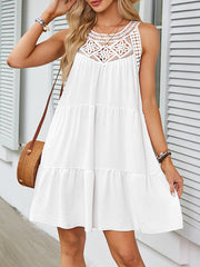 Hollow Pleated Solid Color Split-Joint A-Line Loose Round-Neck Mini Dresses