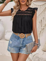 Hollow Ruffle Trim See-Through Solid Color Split-Joint Cap Sleeve Loose Round-neck Vest Top