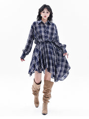 Elasticity Plaid High-Low Irregularity Lapel Collar Midi Dresses