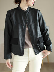 Buttoned Pleated Pockets Split-Joint Long Sleeves Loose Stand Collar Outerwear Jackets