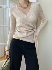 Asymmetric Solid Color Long Sleeves V-Neck Sweater Tops Pullovers
