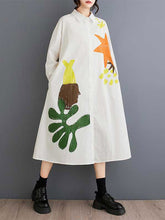 Buttoned Pockets Printed Split-Joint A-Line Long Sleeves Lapel Shirt Dress Midi Dresses