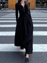 Pleated Solid Color Split-Joint Zipper High Waisted Long Sleeves V-Neck Midi Dresses