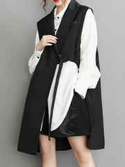 Asymmetric Pockets Tied Sleeveless Notched Collar Vest Outerwear