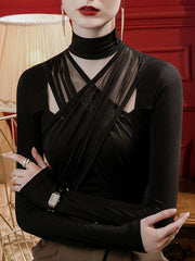 Hollow Pleated Solid Color Split-Joint Long Sleeves Plus Size High Neck T-Shirts Tops