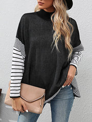 Contrast Color Striped Long Sleeves Loose Mock Neck Sweater Tops Pullovers