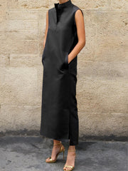 Solid Color Split-Side Sleeveless Lapel Shirt Dress Midi Dresses